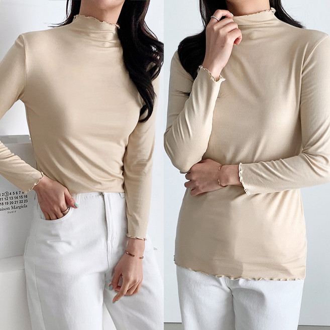 (1+1) 빅사이즈 66-110 여성 물결 셔링 목티 목폴라 반목 티셔츠 2장