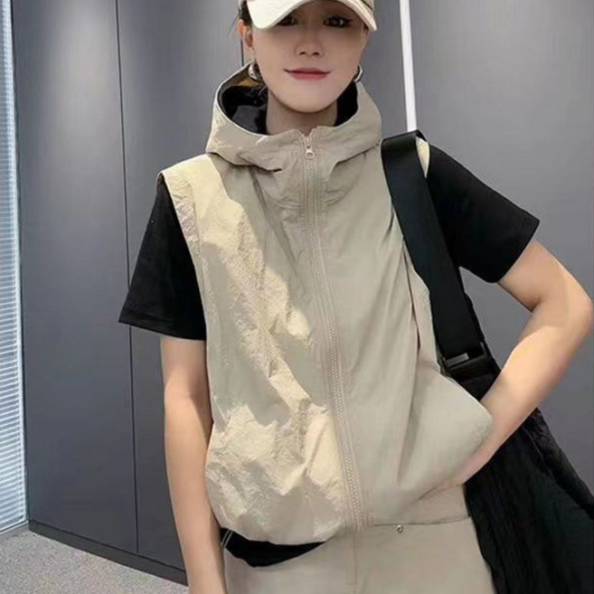 봄 여름 여성 캐주얼 조끼 민소매 후드집업 자켓 점퍼 경량 루즈핏