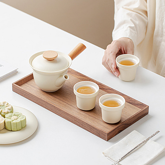 57도씨 우드핸들 다기 세트 다관 찻잔 3개, 크림, 우드핸들 다기세트, 1세트