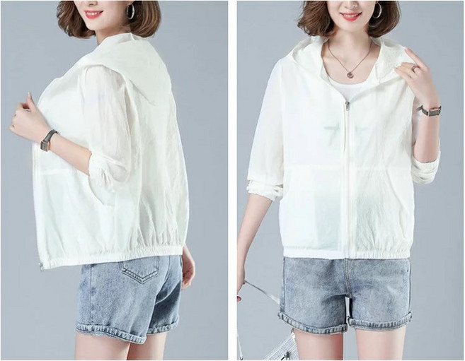 shiny藍格子 連帽長袖防曬外套 M~4XL, 白