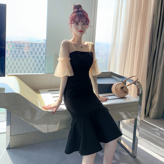 【氣質方領魚尾】連衣裙 禮服裙 網紗裙 修身裙 魚尾裙 夏裝新款 拼接燈籠袖 高級感 宴會派對 婚禮伴娘, 黑色