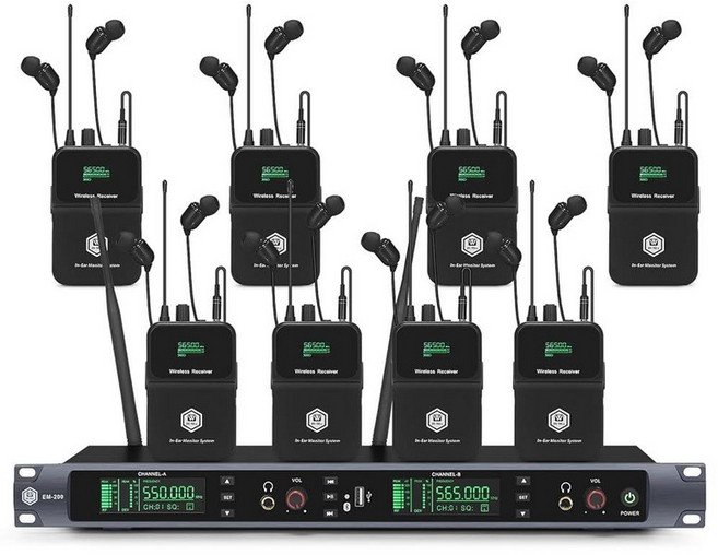 W IN-MIX EM200 UHF 무선 인이어 모니터 시스템 - 8개의 바디팩 모노 IEM 시스템이 있는 2채널 PLL 기술 91.4m(300피트) 범위 라이브 무대 녹, EM200(pack of 8)