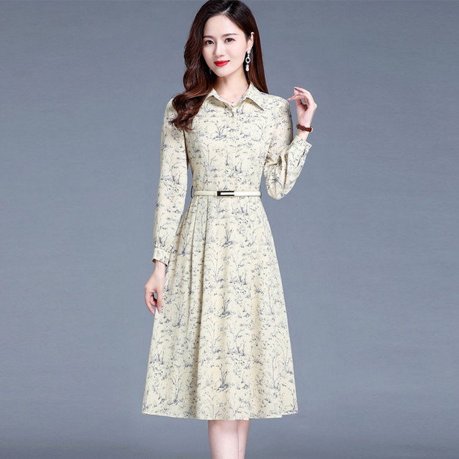 여성 슬림 벨트 쉬폰 긴팔 원피스 여자 꽃무늬 a라인 미디 롱 원피스