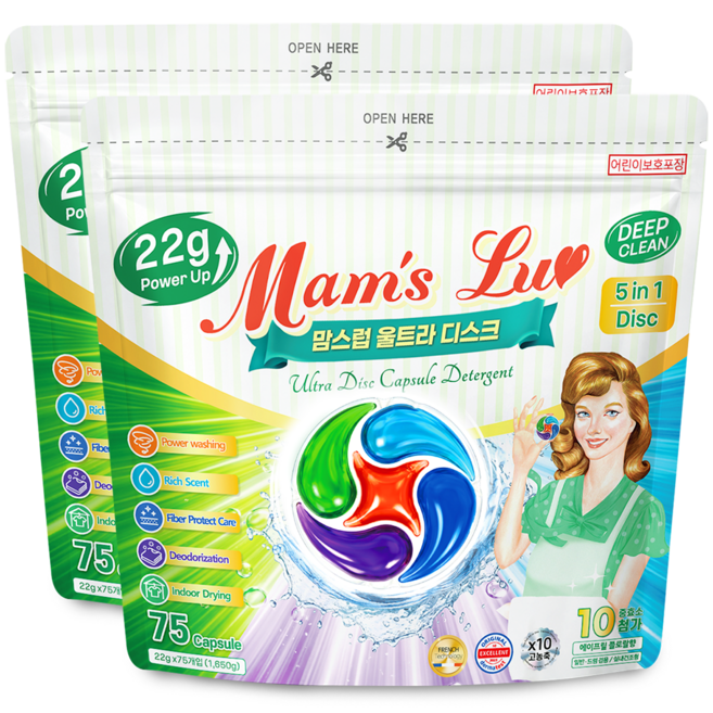 맘스럽 울트라 디스크 5챔버 캡슐세제 22g 빅싸이즈 75x2팩 특대용량 x10배 초고농축 캡슐세제, 2개, 75개입