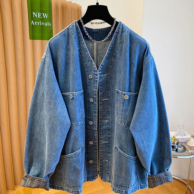 여성 봄 가을 데님 자켓 루즈핏 오버핏 노카라 캐주얼 청자켓 청재킷