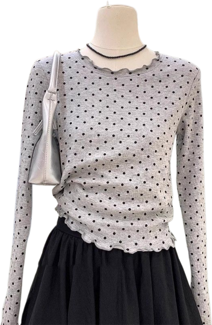 Makone 여성 도트 물결밑단 이너 베이직 긴팔 티셔츠 큐티