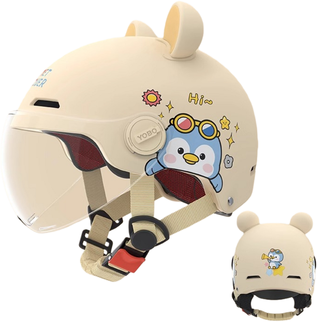 MILLANDA 3c 헬멧 오토바이 헬멧 큐티 헬멧 사계절 안전모, 노란색-투명 렌즈-곰의 귀