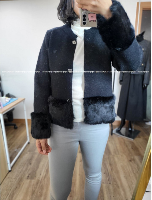 에떼르나 리얼 래빗퍼 울 가디건 블랙 그레이 울자켓