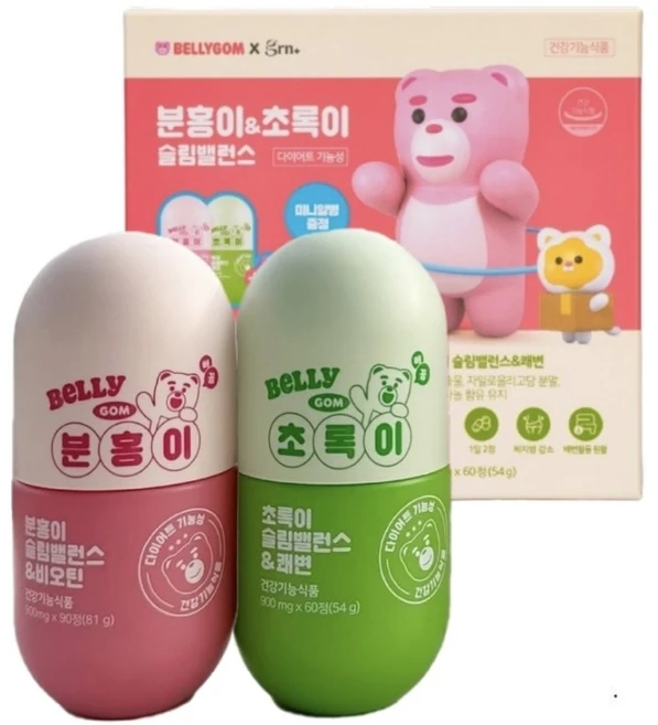 지알엔 벨리곰 슬림밸런스 분홍이&초록이 건강식품, 60정, 2개 - 쿠팡