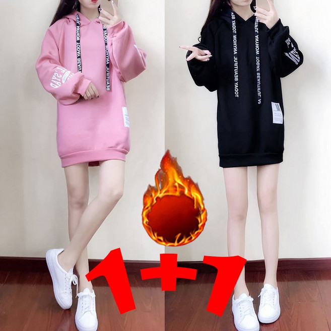 별후이 1+1 여성용 가을 겨울 하프 기모 면혼방 루즈핏 후드 원피스 hrs08jj