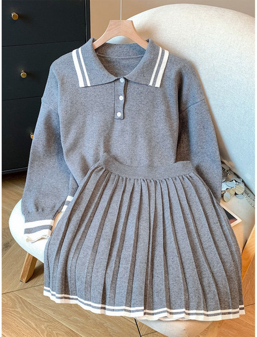 Kdragon 배색 라인 카라 니트 플리츠 스커트 투피스 세트