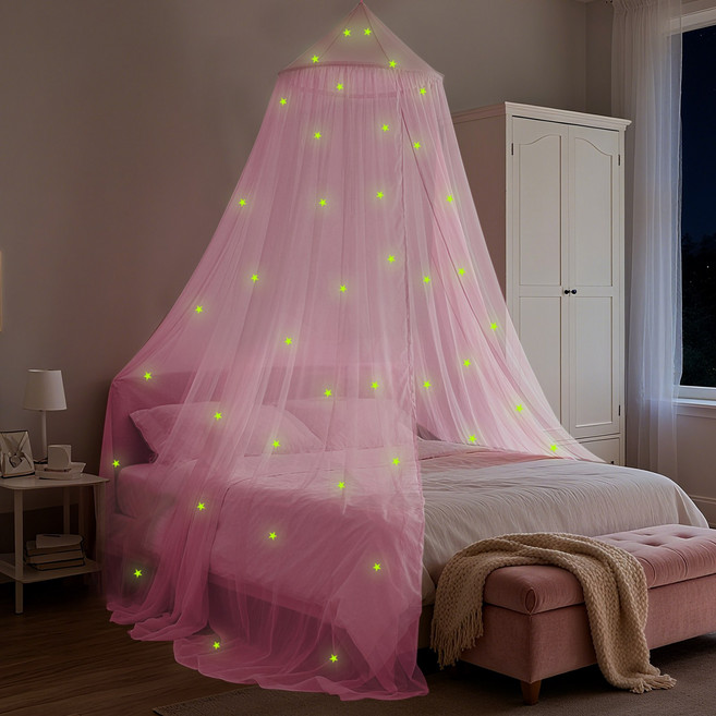 원 토새 휴대용 캠핑용 접이식 아이방커튼 모기장겸용 인테리어 침대 캐노피, 야광별핑크
