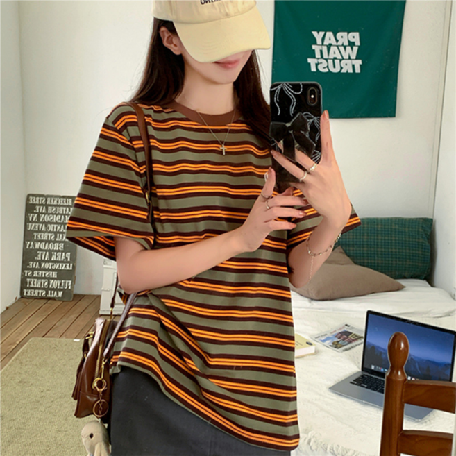 2026 여성 여름 스트라이프 캐주얼 데일리 코디 루즈핏 반팔 티셔츠