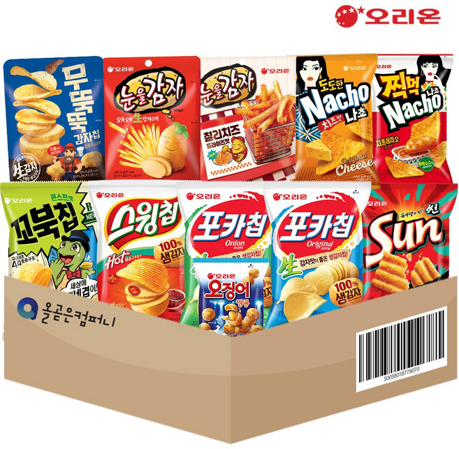 오리온 스테디셀러 스낵 모음B 10종+1종 증정 (11개) 포카칩 스윙칩 썬 나쵸 무뚝뚝감자칩 눈을감자 꼬북칩 오징어땅콩, 1세트, 스낵B