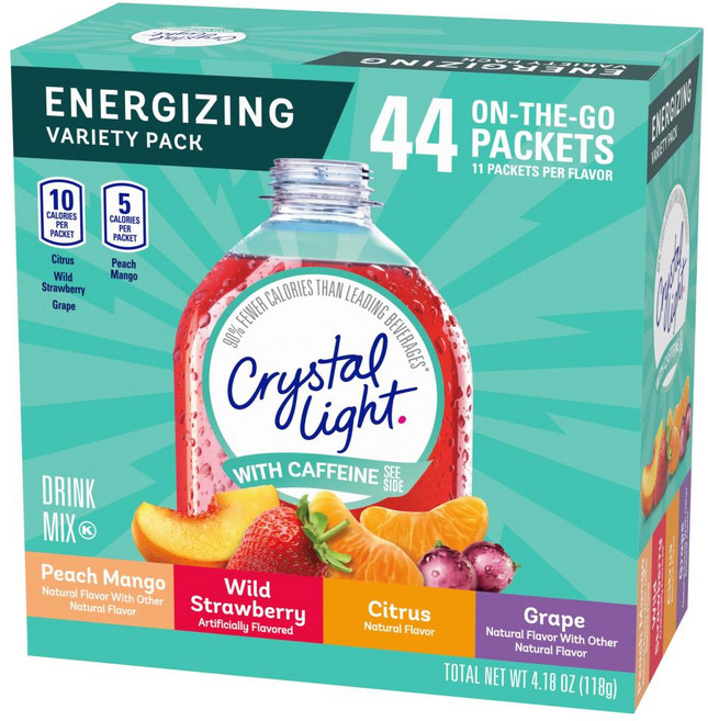 크리스탈 라이트 카페인 버라이어티 팩 44개 피치망고 4가지맛 물에타먹는 저칼로리 음료, 1개입, 1개, 118g
