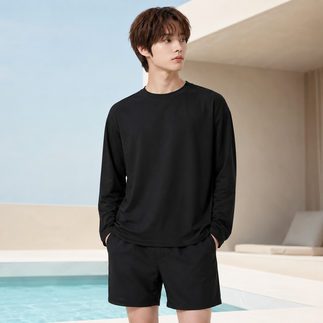 문컬렉션 래쉬가드 남자 체형커버 상하의 세트 루즈핏 수영복 2in1 긴팔티 반바지 비치웨어 오버핏