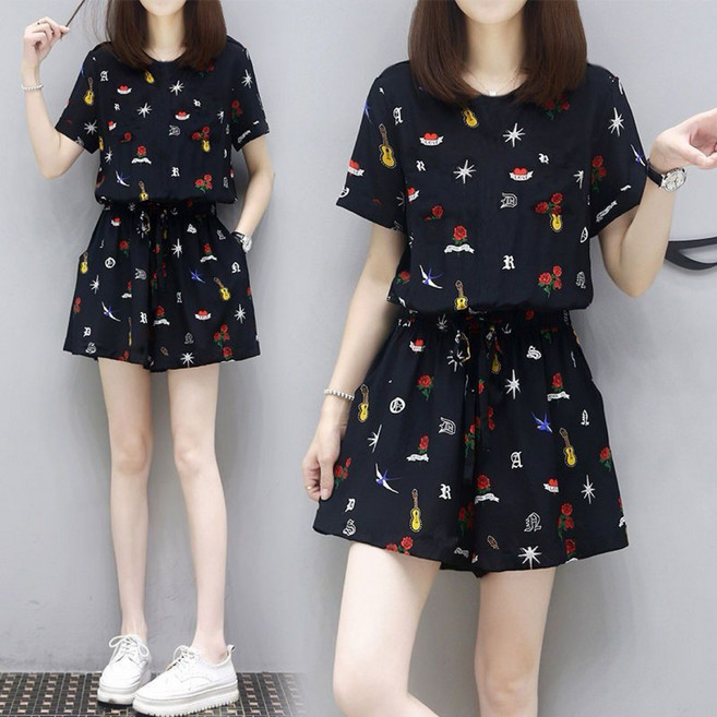 AREVI여름 여자 트레이닝복 상하의 세트 빅 사이즈 프린트 일상 트랜드 루즈핏 반팔 반바지 세트