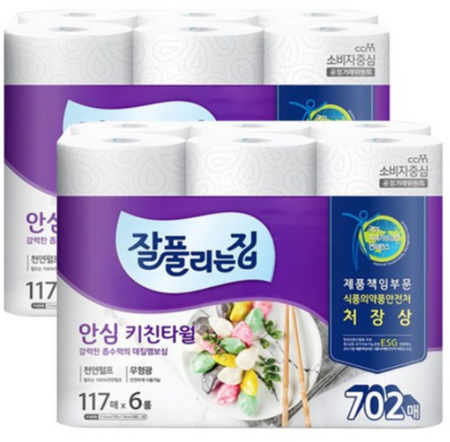 잘풀리는집 안심 키친타올, 잘풀리는집안심키친타월117매X6롤, 12개, 117매