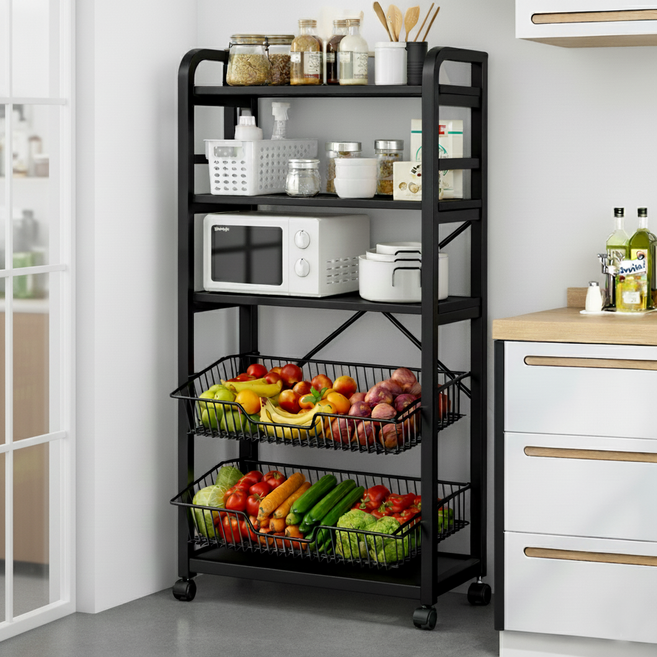 위즈룸 주방 수납장 전자레인지 선반, 5단, 블랙+블랙 프레임