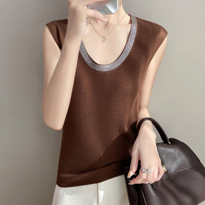 메인워크 여성 빅사이즈 라운드넥 나시 티셔츠 봄가을 민소매 니트 패션 이너 스판 나시 데일리 슬림핏 아우터 상의