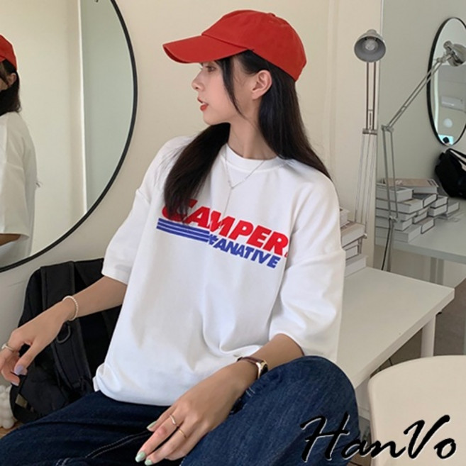 HanVo 紅藍字母百搭寬鬆短袖圓領女T恤 韓國時尚顯瘦韓版簡約日常 A01-1402