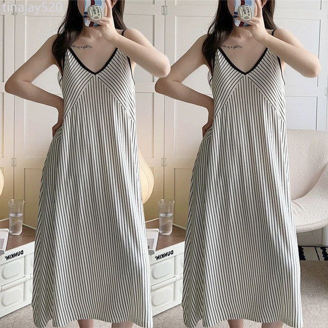 簡約甜美條紋吊帶睡裙 女款夏季寬鬆居家服 多色長裙