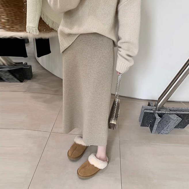 TKX 여성 니트 롱 스커트 간절기 심플 미디스커트 스타일리쉬 패션 신축성 좋은 H라인 치마 KN53