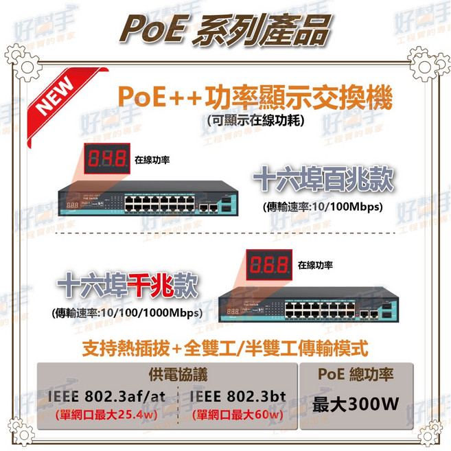 好幫手 PoE Switch 乙太網路交換器 AI 數顯功率, 1個, 16埠款(16路100M+2路Giga+,含稅價(需備註統編), PSW-1622FE/GE-AI