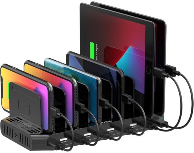 Unitek USB 충전소 10개의 USB 고속 포트 충전 도킹 스테이션 및 조절 가능한 칸막이 iPad iPhone 태블릿 및 휴대폰과 호환되는 멀티 디바이스 충전기 정리함, 60W+10 Port/Black, Pack of 5