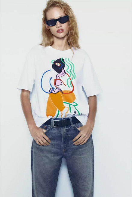 ZARA 자라 여성 프린트 라운드 반팔 티셔츠 0085460 0085/460