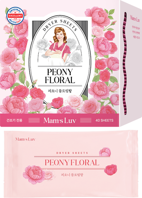 맘스럽 독일더마 퍼퓸 드라이시트 피오니플로럴 / 건조기용 낱개포장 섬유유연제 섬유유연시트 건조기시트 드라이시트, 1개, 40매입