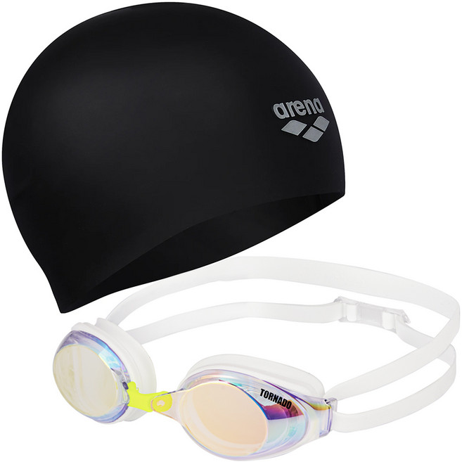 아레나 실리콘수모 + 토네이도 빅미러수경 2종 세트, 실리콘수모 BLK + 빅미러수경 CLR