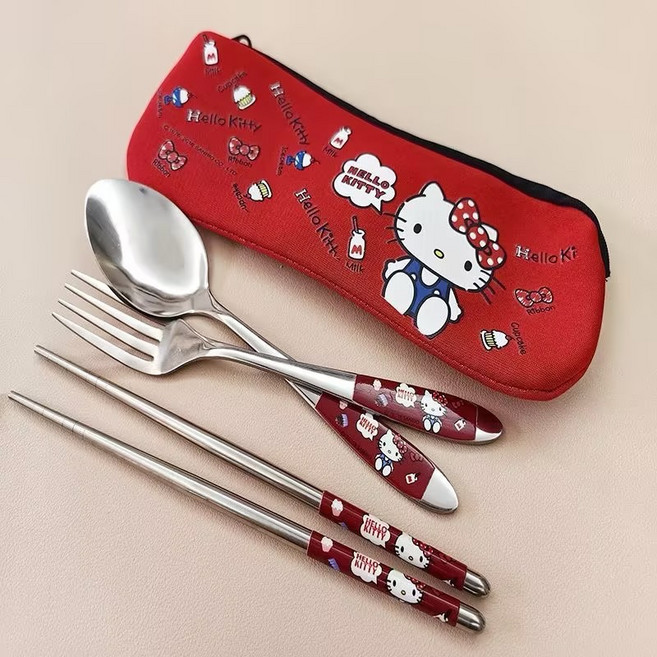 빨강색 헬로키티 스텐 숟가락 +젖가락 +포크+ 키티 봉지 세트, 1세트, 슈트, kitty