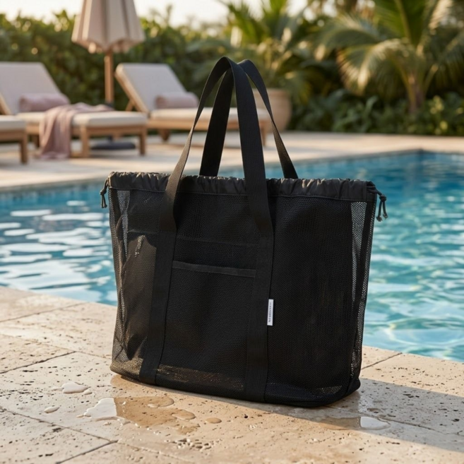 긍정바이브 목욕 수영 물놀이 가방 메쉬 물빠짐, 블랙