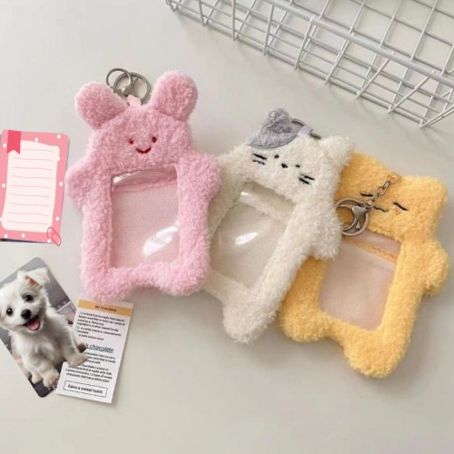 바닐라제이 털 포토카드 포토 홀더 열쇠고리 가방고리, 옐로우, 1개