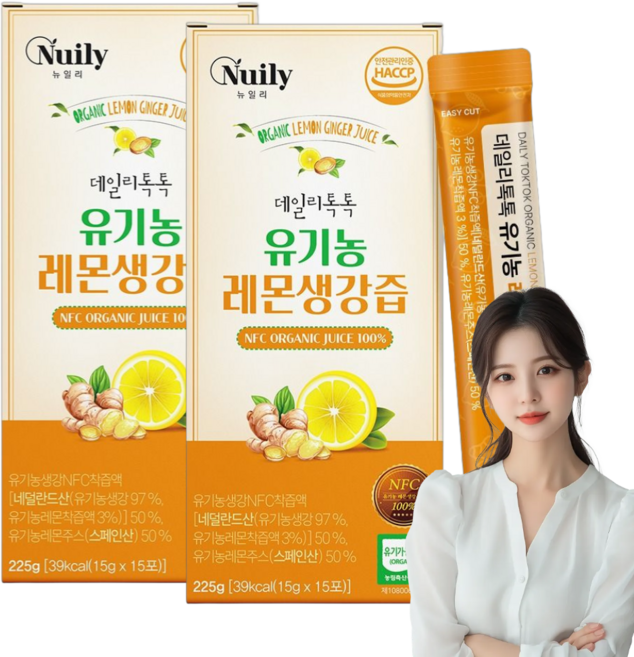 유기농 레몬생강즙 원액 스틱 순수 100% NFC 착즙액, 30개, 15g