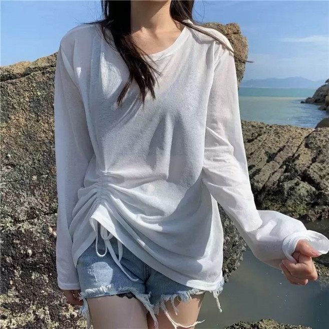 루즈핏 시스루 여자 긴팔 티셔츠 빅사이즈 비키니커버업, 루즈핏 시스루아이스티_L