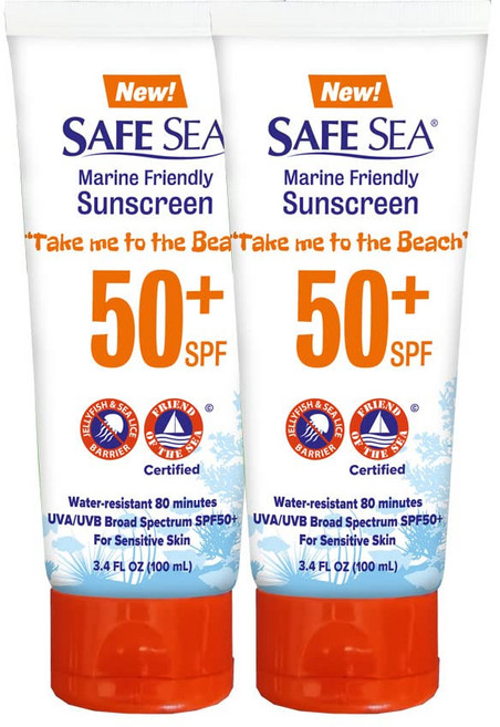 SAFE SEA 해파리 방지 스팅 보호 로션 - 자외선 차단제 - 자외선 차단제 - 바다 이 - 해파리 - 50SPF 성인용(튜브 3.4온스 2팩), 2개, 100ml