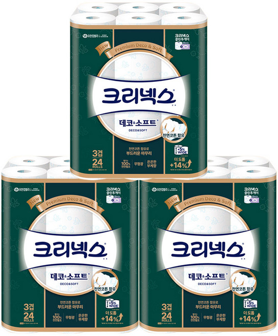 크리넥스 데코앤소프트 3겹 화장지, 30m, 24개입, 3개