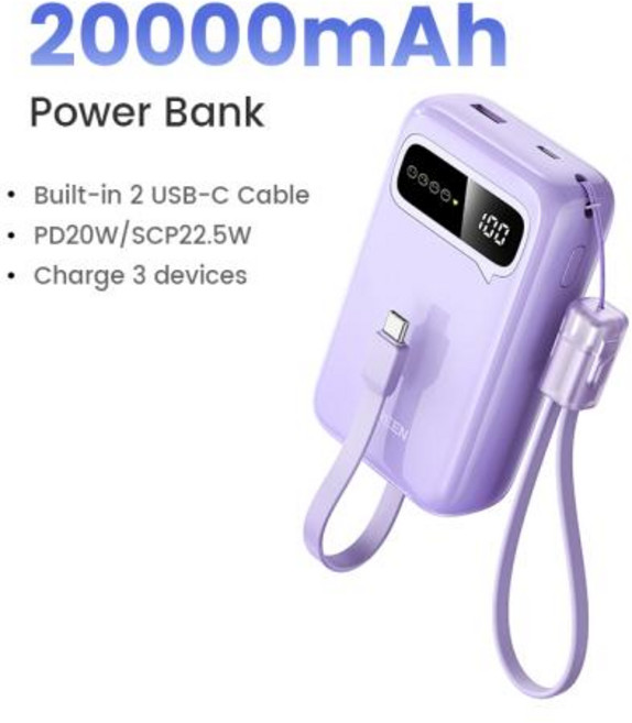 UGREEN 20000mAh 듀얼 타입 C 케이블 보조배터리 아이폰 17 16 Pro Max PD 20W 고속 충전 휴대용 보조배터리, 브라질, 3)Purple