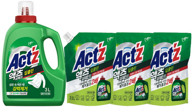 액츠 퍼펙트 일드겸용 액체세제 딥클린 용기 3L 1개 + 리필 2.2L 3개, 피죤액츠 퍼펙트 일드겸용 액체세제 딥클린 용기 3L 1