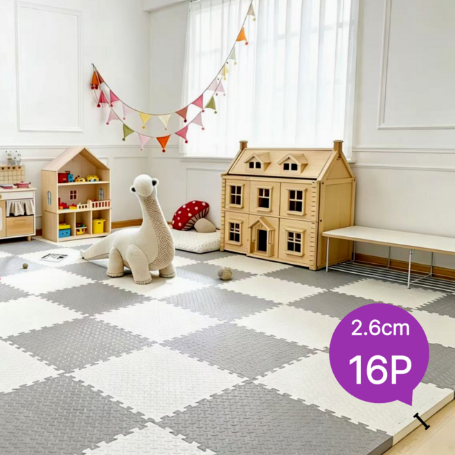 홈잼 두꺼운 층간소음 매트 대형 퍼즐매트 베란다 바닥매트, 화이트+그레이, 16개