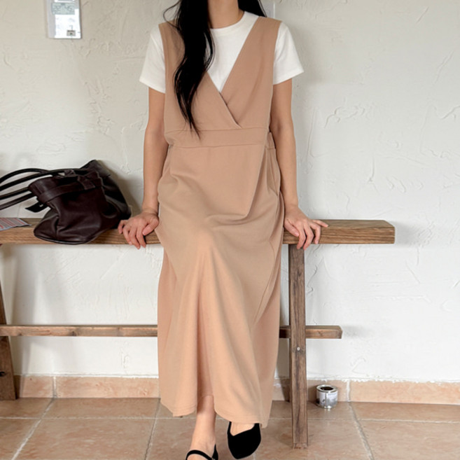 봉봉스토리 여성용 테이즈 레이어드 V넥 포켓 롱 원피스 뷔스티에 타입 데일리룩 임부가능