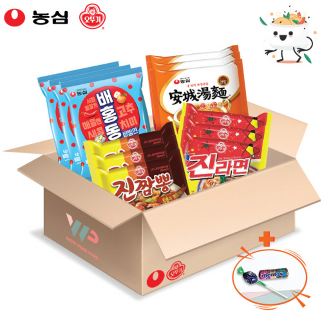 농심 오뚜기 봉지라면 혼합세트 4종 12봉입 배홍동면 3입+안성탕면 3입+진짬뽕 3입+진라면매운맛 3입 총 12봉입 멘토스+투시팝캔디 사은품 2종 증정, 1개