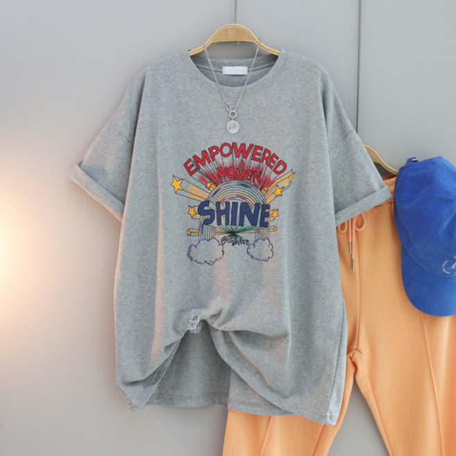 달콩 여성 오버핏 롱티 긴팔 박스티 루즈핏 라운드 샤이니프린팅오버핏티셔츠