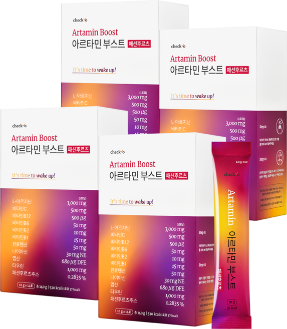 [공식 판매처] 체크오 아르타민 부스트 패션후르츠 아르기닌 타우린 고함량 활력 비타민 패션후르츠맛, 4박스, 14회분