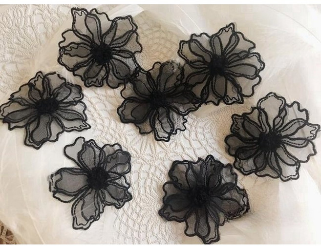 간자 더블 레이어 레이스 꽃 아플리케 자수 패치 바느질 DIY 수제 공예 웨딩 드레스 장식 5 개 6cm, black