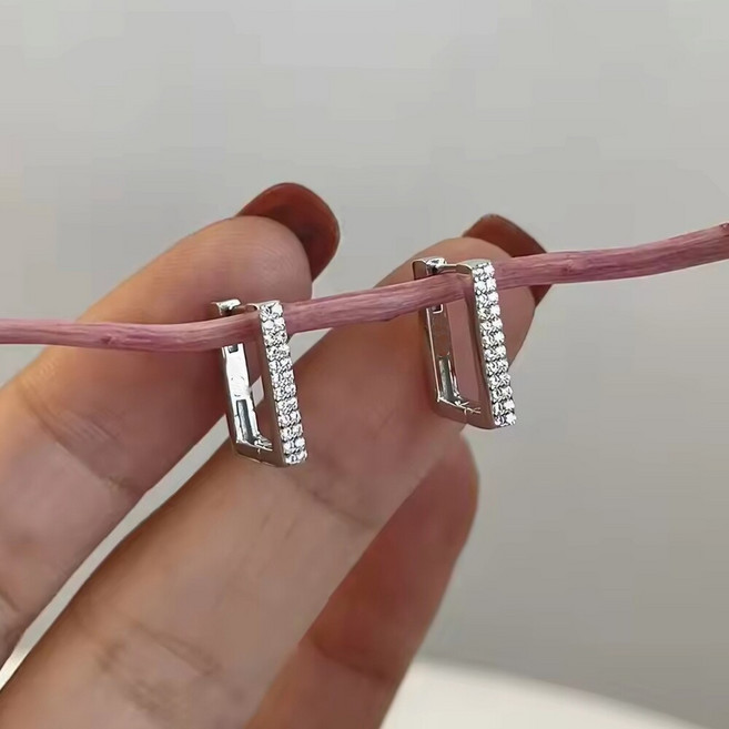 웰리나 실버925 원터치 사각 큐빅 링 귀걸이
