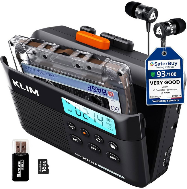 KLIM K7 카세트 테이프 플레이어 + 카세트에서 MP3로 변환기 휴대용 워크맨 내장 마이크 및 스피커 충전식 배터리 이어폰 16GB SD 카드, Black Orange