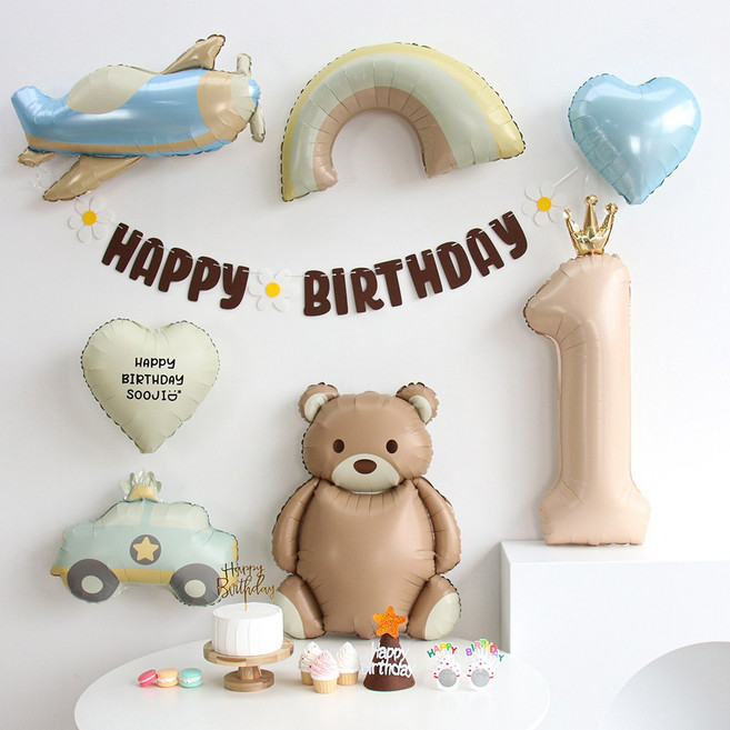 이벤트홀릭 곰돌이 무지개 비행기 풍선 생일파티용품세트(자유레터링) 두돌생일상, 1개, 숫자풍선 1